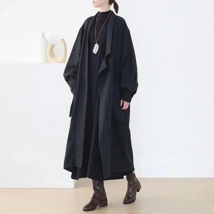 trench coat women Stylish Lace-Up Black Cotton Trench Coat-Women's coat-Thebesttailor-One size-Black-Cotton-Thebesttailor
