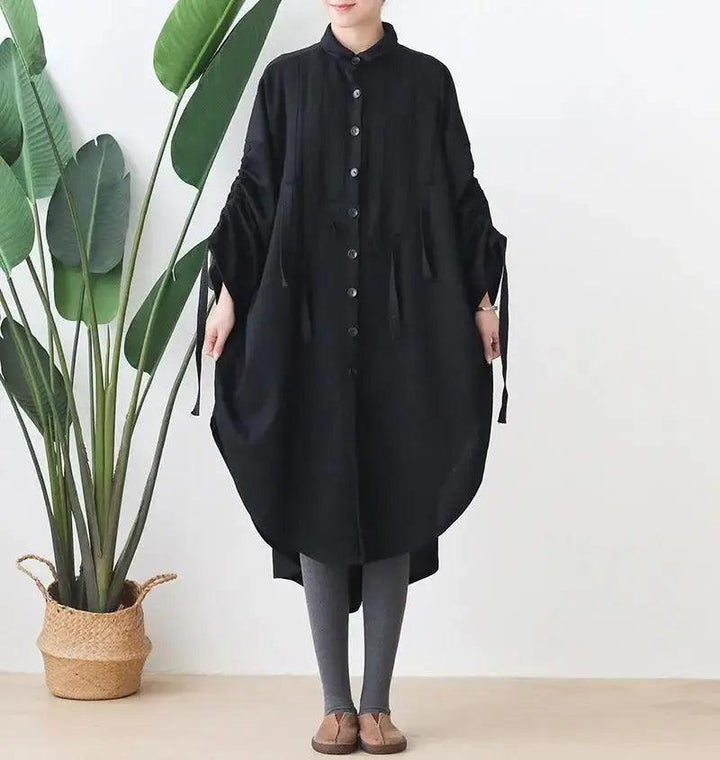 Irregular Single-Breasted Lapel Cotton Trench Coat-Women's coat-Thebesttailor-One size-Black-Cotton-Thebesttailor