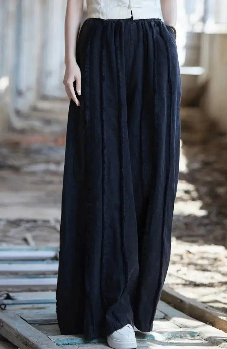 Women's Linen Pants Culottes with Retro Wide Leg Style-Women's pants-Thebesttailor-One size-Black-Thebesttailor
