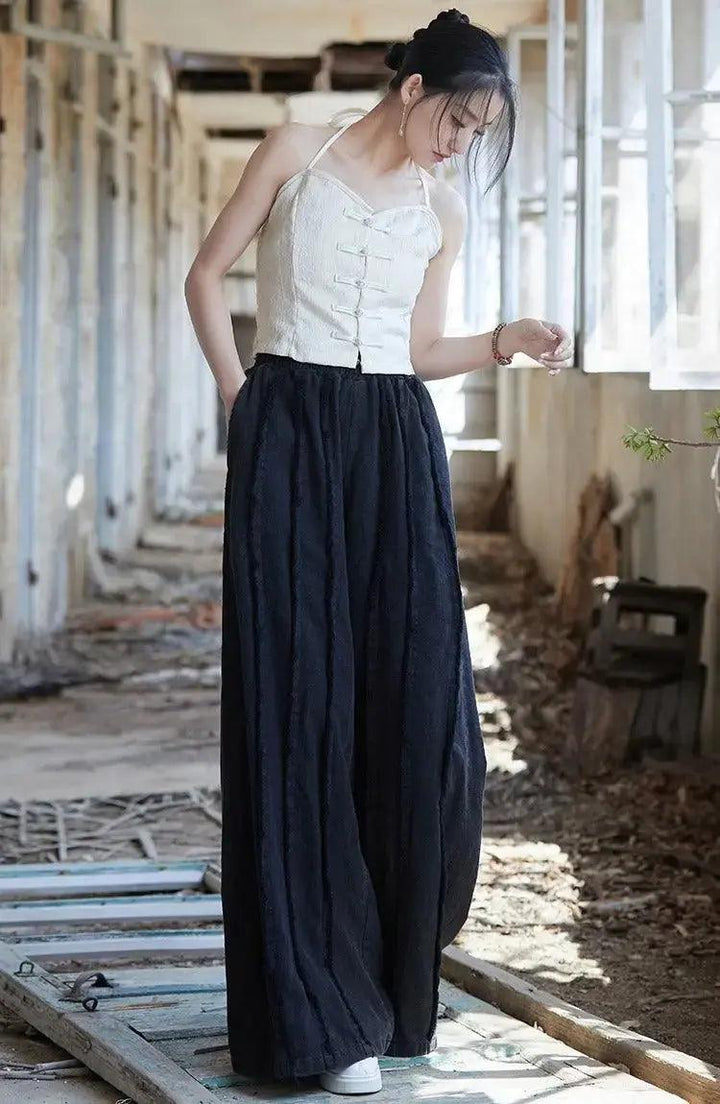 Women's Linen Pants Culottes with Retro Wide Leg Style-Women's pants-Thebesttailor-Thebesttailor