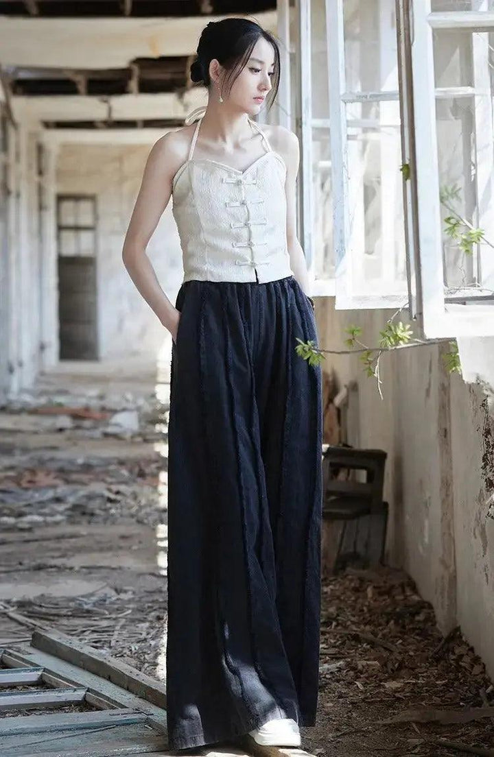 Women's Linen Pants Culottes with Retro Wide Leg Style-Women's pants-Thebesttailor-Thebesttailor