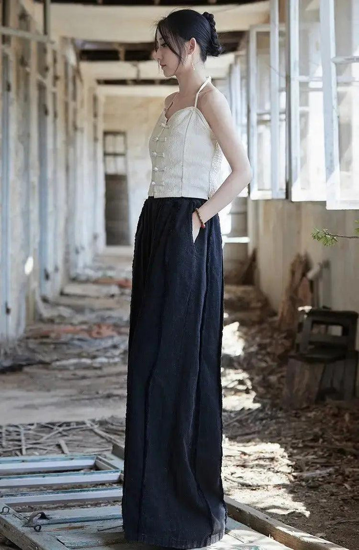 Women's Linen Pants Culottes with Retro Wide Leg Style-Women's pants-Thebesttailor-Thebesttailor