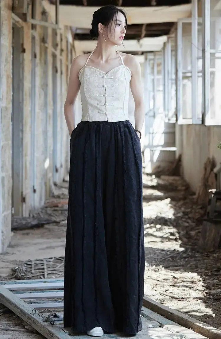 Women's Linen Pants Culottes with Retro Wide Leg Style-Women's pants-Thebesttailor-Thebesttailor
