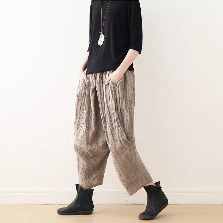 Casual Linen Wide-Leg Pants with Pleated Texture for Women by Thebesttailor