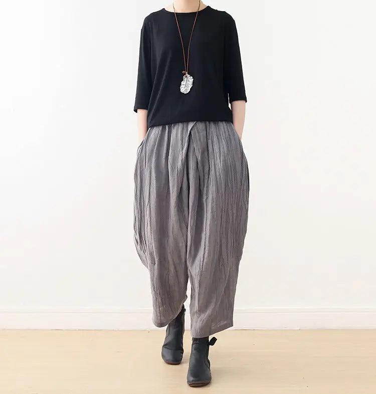Casual Linen Wide-Leg Pants with Pleated Texture for Women-Women's pants-Thebesttailor-Thebesttailor
