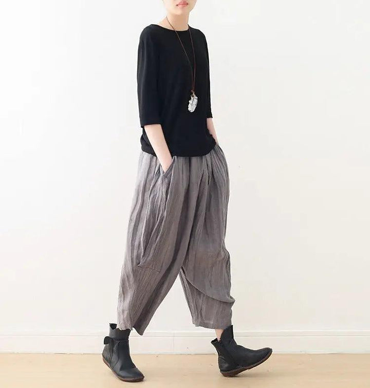 Casual Linen Wide-Leg Pants with Pleated Texture for Women-Women's pants-Thebesttailor-Thebesttailor