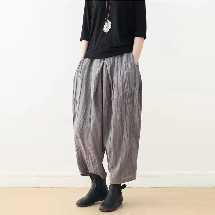 Casual Linen Wide-Leg Pants with Pleated Texture for Women-Women's pants-Thebesttailor-One size-Gray-Linen-Thebesttailor