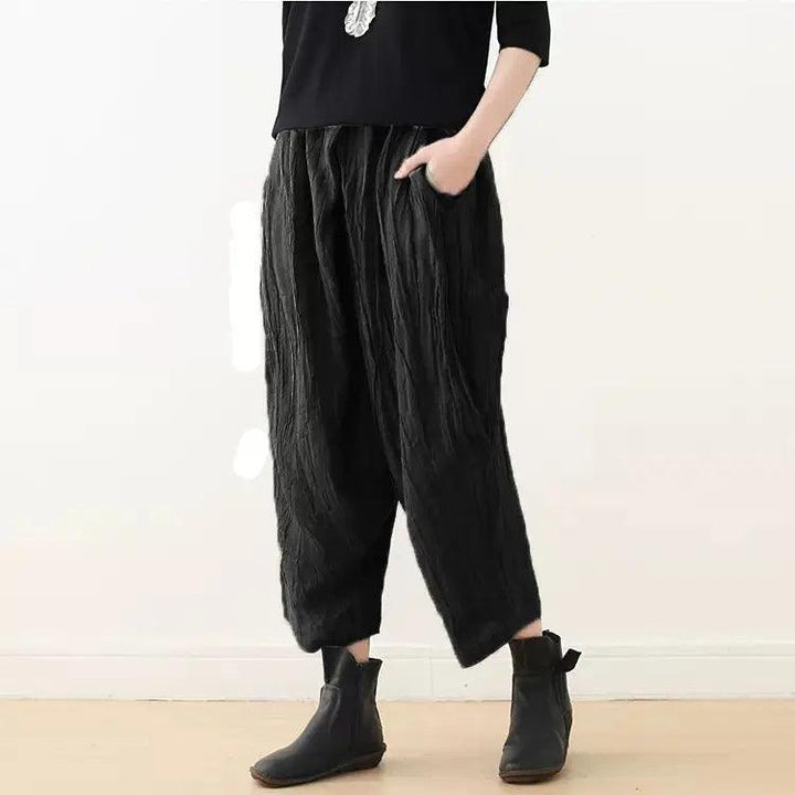 Casual Linen Wide-Leg Pants with Pleated Texture for Women-Women's pants-Thebesttailor-One size-Black-Linen-Thebesttailor