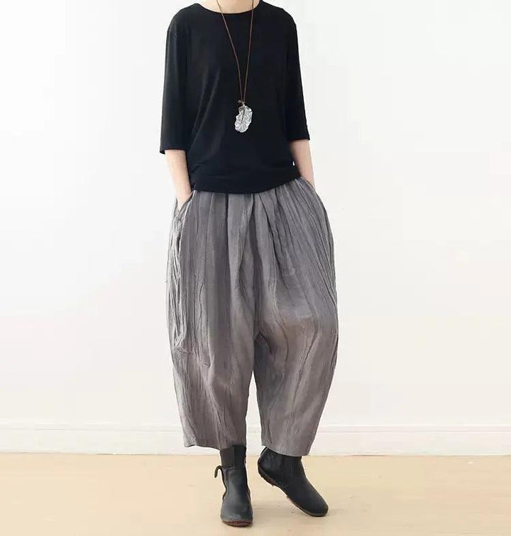 Casual Linen Wide-Leg Pants with Pleated Texture for Women-Women's pants-Thebesttailor-Thebesttailor