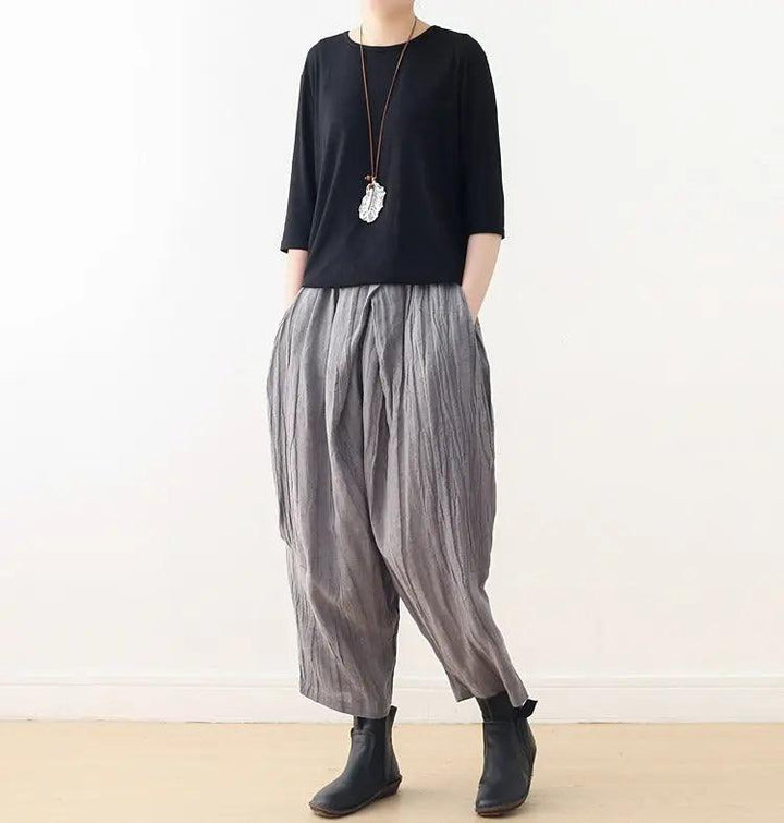 Casual Linen Wide-Leg Pants with Pleated Texture for Women-Women's pants-Thebesttailor-Thebesttailor