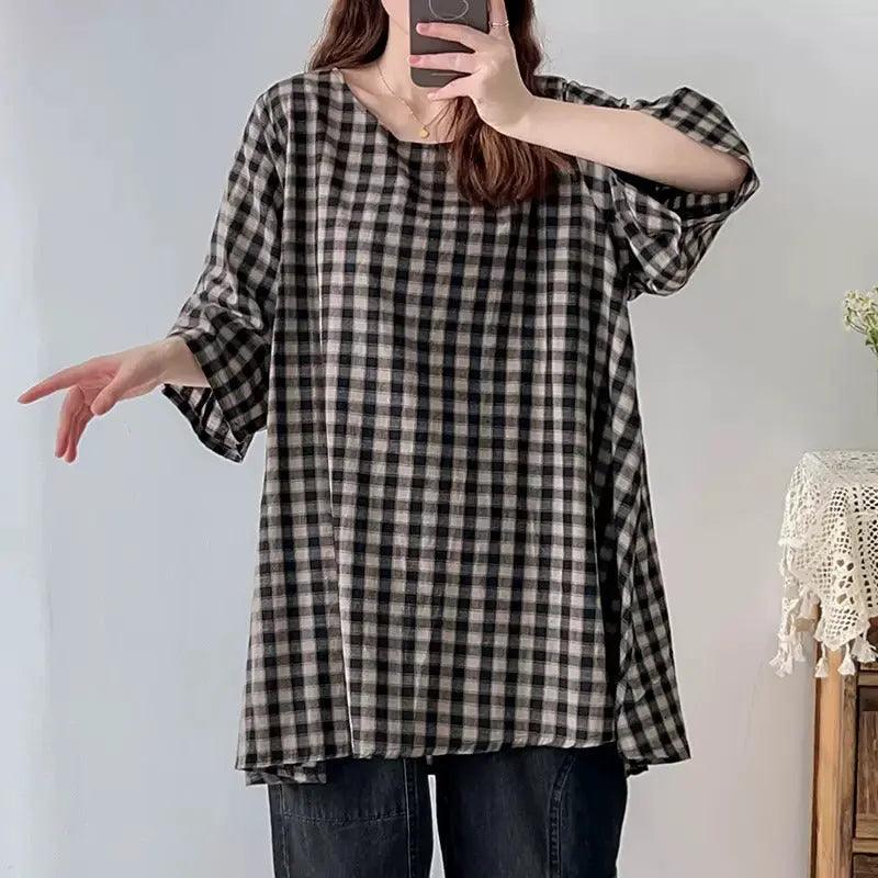 Plaid Linen Blouse Loose Blouse for Women's Summer-Women's Shirt-Thebesttailor-One Size-Black and White Plaid-Linen-Thebesttailor