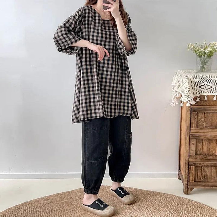 Plaid Linen Blouse Loose Blouse for Women's Summer-Women's Shirt-Thebesttailor-Thebesttailor