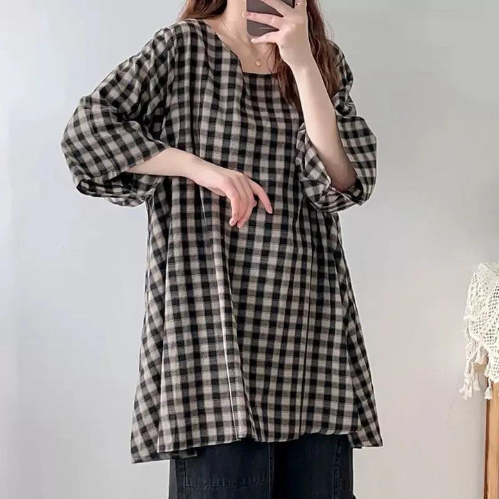Plaid Linen Blouse Loose Blouse for Women's Summer-Women's Shirt-Thebesttailor-Thebesttailor