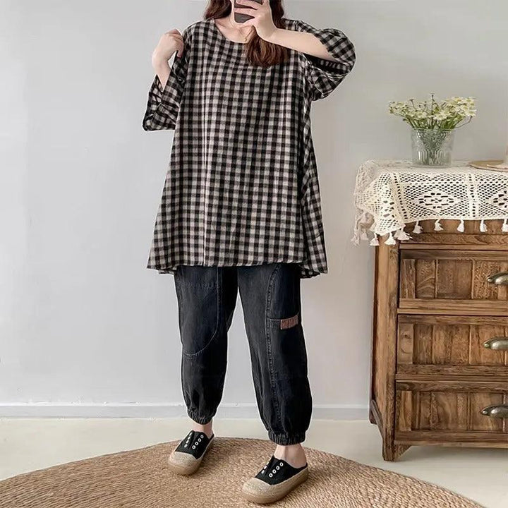 Plaid Linen Blouse Loose Blouse for Women's Summer-Women's Shirt-Thebesttailor-Thebesttailor