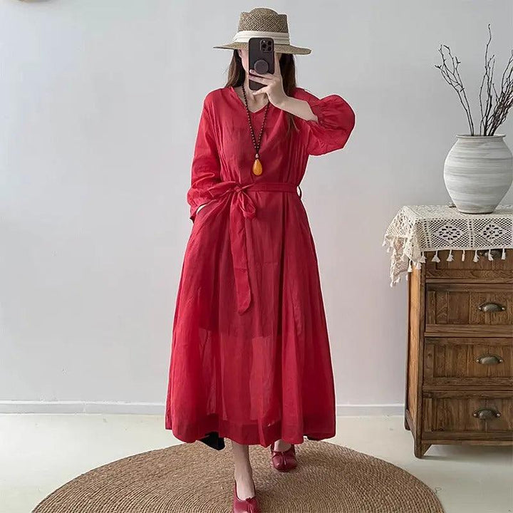 Red Linen Dress V-Neck Wrap Dress with 3/4 Sleeves-Women's dress-Thebesttailor-Thebesttailor