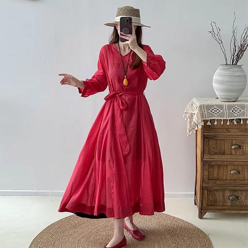Red Linen Dress V-Neck Wrap Dress with 3/4 Sleeves-Women's dress-Thebesttailor-One Size-Red-Linen-Thebesttailor