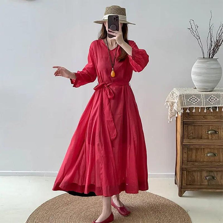 Red Linen Dress V-Neck Wrap Dress with 3/4 Sleeves-Women's dress-Thebesttailor-One Size-Red-Linen-Thebesttailor