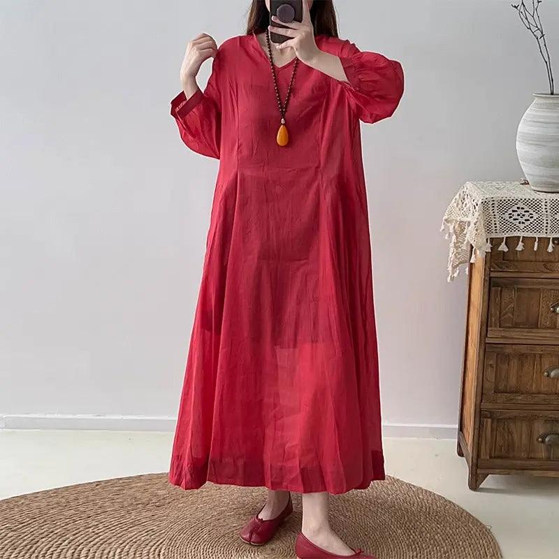 Red Linen Dress V-Neck Wrap Dress with 3/4 Sleeves-Women's dress-Thebesttailor-Thebesttailor
