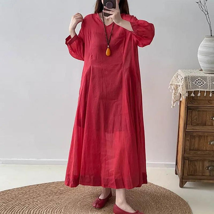 Red Linen Dress V-Neck Wrap Dress with 3/4 Sleeves-Women's dress-Thebesttailor-Thebesttailor