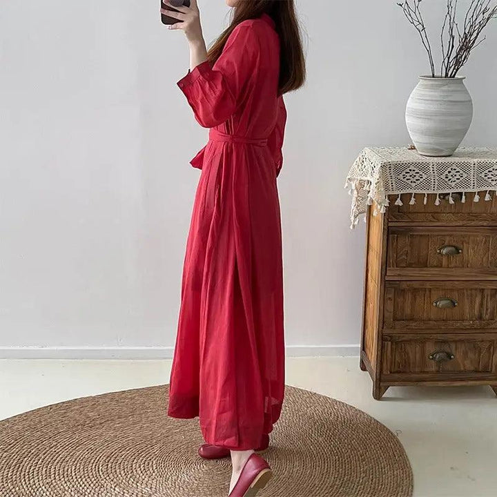 Red Linen Dress V-Neck Wrap Dress with 3/4 Sleeves-Women's dress-Thebesttailor-Thebesttailor