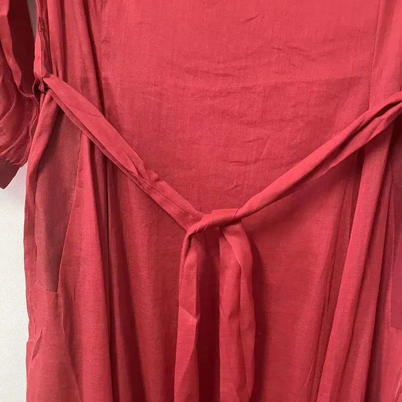Red Linen Dress V-Neck Wrap Dress with 3/4 Sleeves-Women's dress-Thebesttailor-Thebesttailor