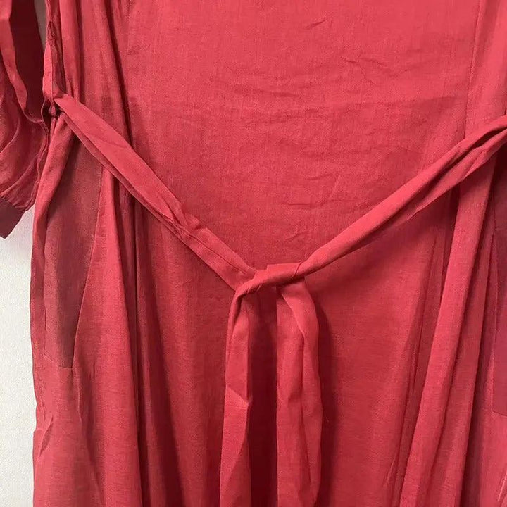 Red Linen Dress V-Neck Wrap Dress with 3/4 Sleeves-Women's dress-Thebesttailor-Thebesttailor