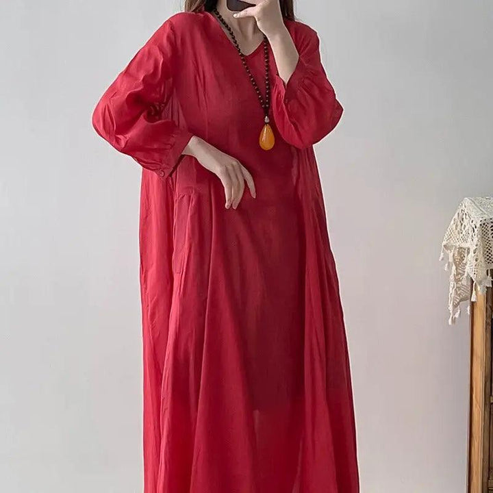 Red Linen Dress V-Neck Wrap Dress with 3/4 Sleeves-Women's dress-Thebesttailor-Thebesttailor