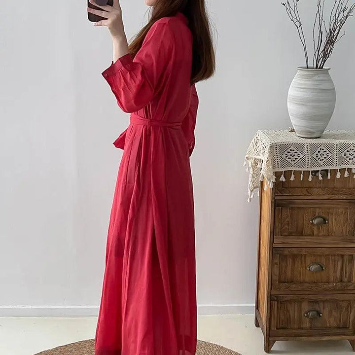 Red Linen Dress V-Neck Wrap Dress with 3/4 Sleeves-Women's dress-Thebesttailor-Thebesttailor