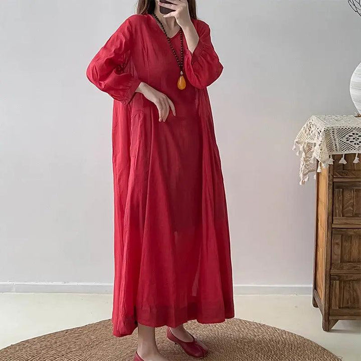 Red Linen Dress V-Neck Wrap Dress with 3/4 Sleeves-Women's dress-Thebesttailor-Thebesttailor