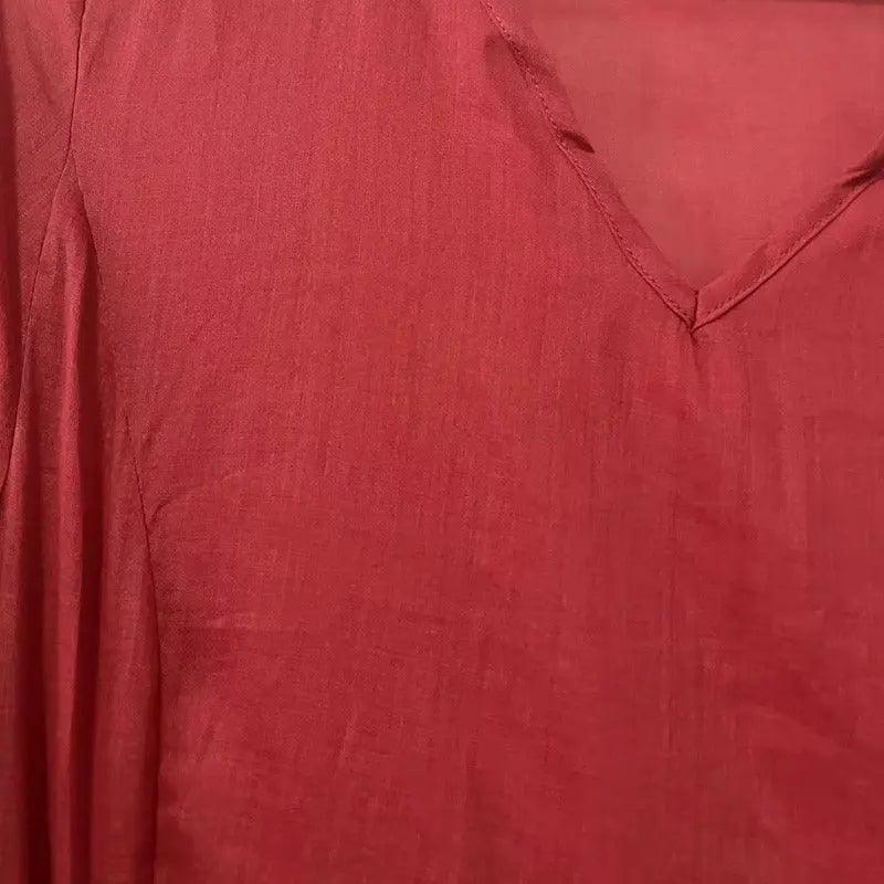 Red Linen Dress V-Neck Wrap Dress with 3/4 Sleeves-Women's dress-Thebesttailor-Thebesttailor