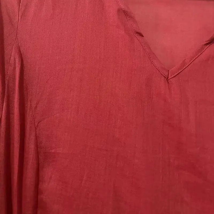 Red Linen Dress V-Neck Wrap Dress with 3/4 Sleeves-Women's dress-Thebesttailor-Thebesttailor