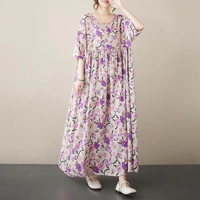 Bohemian Maxi Dress Pink Floral Cotton Dress with Half Sleeves-Women's dress-Thebesttailor-One Size-Pink-Cotton-Thebesttailor