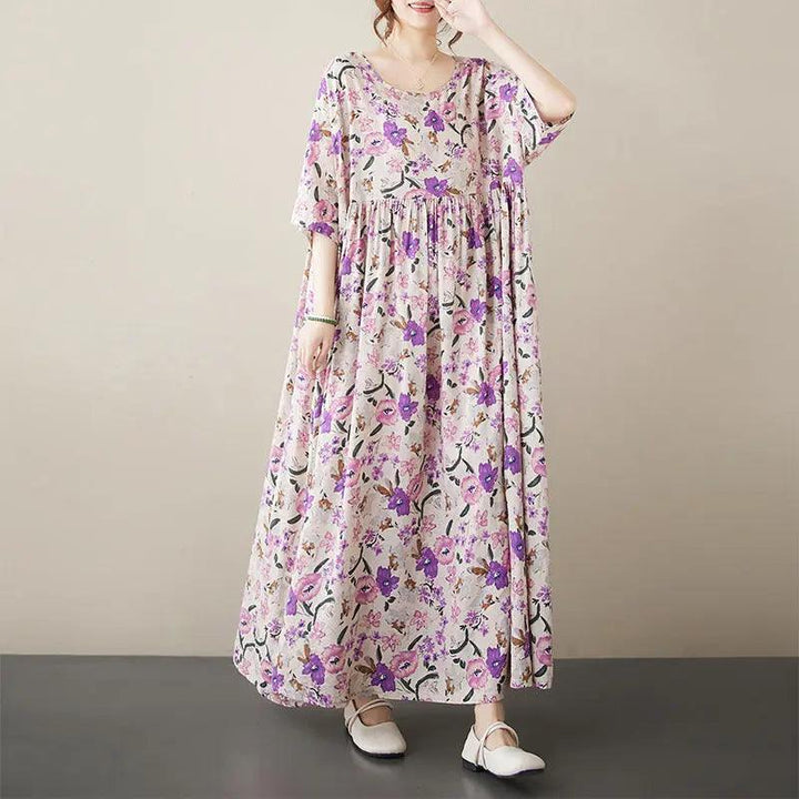 Bohemian Maxi Dress Pink Floral Cotton Dress with Half Sleeves-Women's dress-Thebesttailor-One Size-Pink-Cotton-Thebesttailor