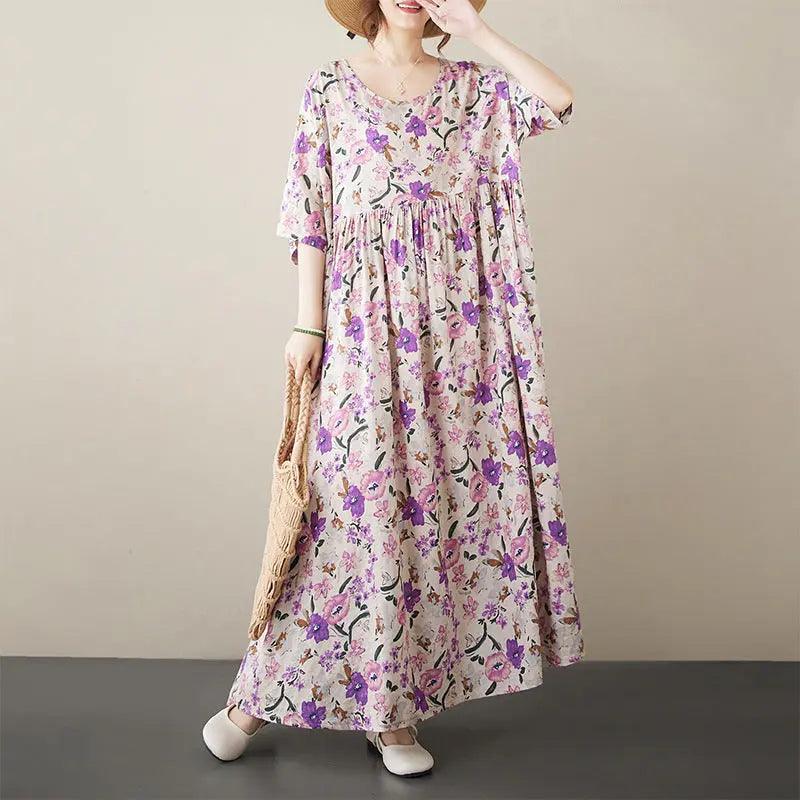 Bohemian Maxi Dress Pink Floral Cotton Dress with Half Sleeves-Women's dress-Thebesttailor-Thebesttailor