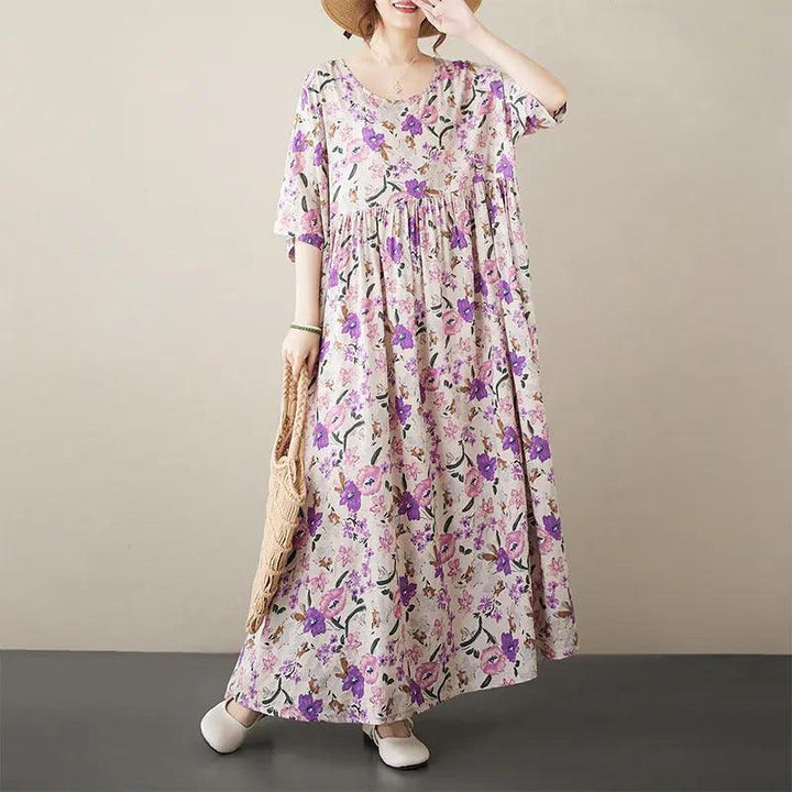 Bohemian Maxi Dress Pink Floral Cotton Dress with Half Sleeves-Women's dress-Thebesttailor-Thebesttailor