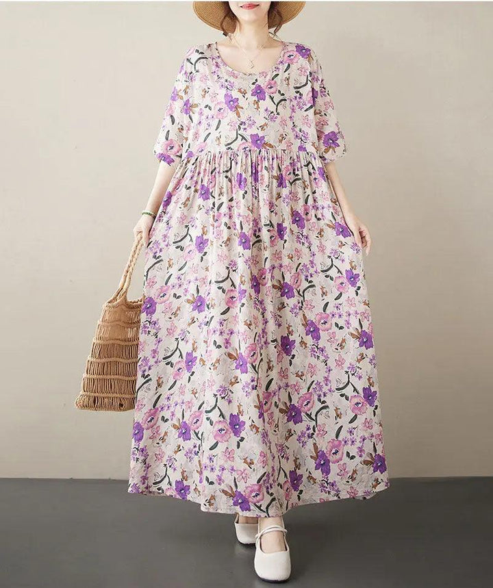 Bohemian Maxi Dress Pink Floral Cotton Dress with Half Sleeves-Women's dress-Thebesttailor-Thebesttailor