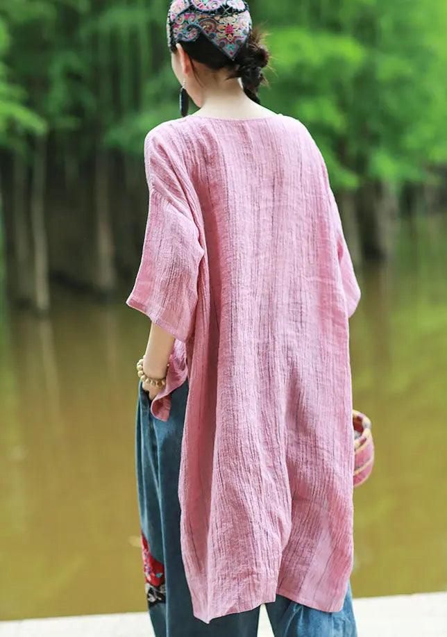 Pink Women's Tops Linen Embroidered Blouse with Totem Pattern-Women's Shirt-Thebesttailor-Thebesttailor