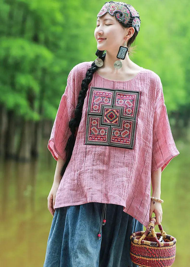 Pink Women's Tops Linen Embroidered Blouse with Totem Pattern-Women's Shirt-Thebesttailor-Thebesttailor