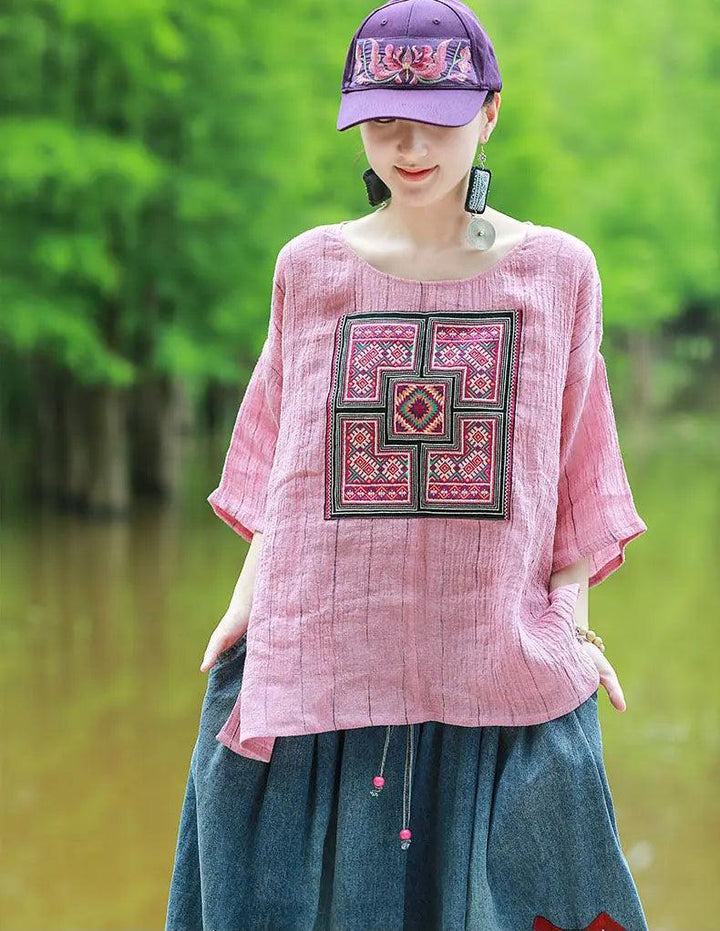 Pink Women's Tops Linen Embroidered Blouse with Totem Pattern-Women's Shirt-Thebesttailor-Thebesttailor