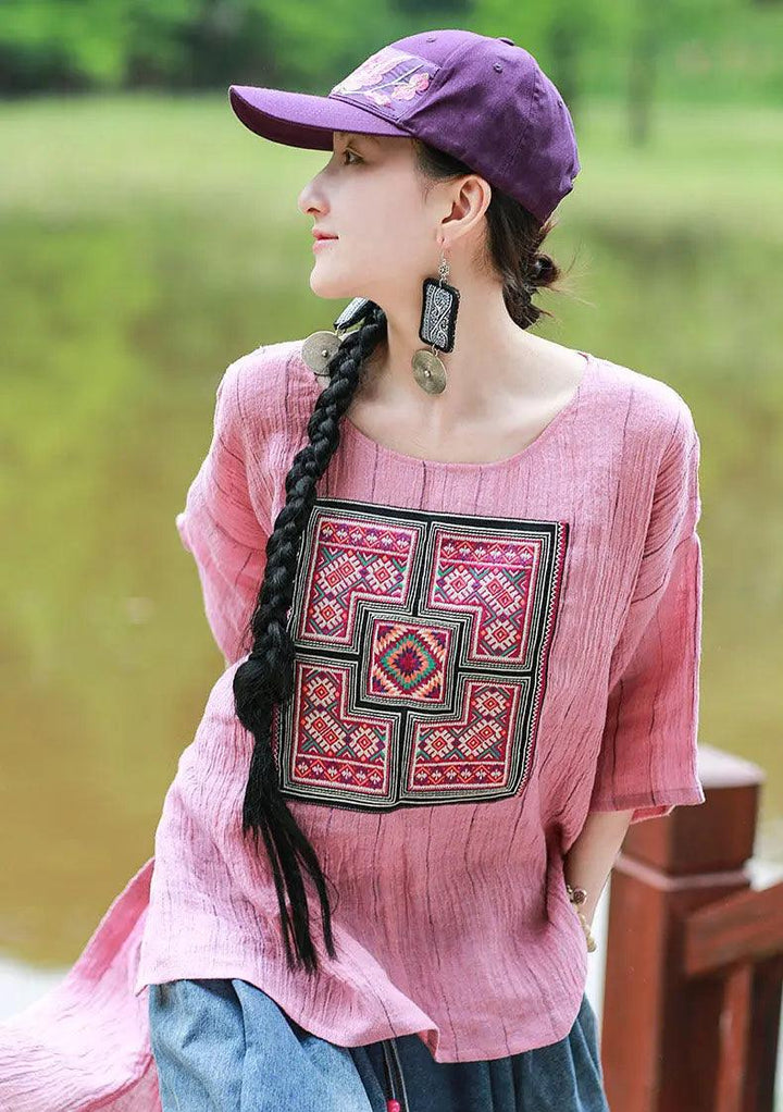 Pink Women's Tops Linen Embroidered Blouse with Totem Pattern-Women's Shirt-Thebesttailor-Thebesttailor