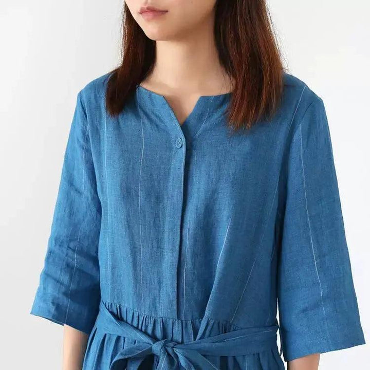 Linen dresses Stand-Up Collar Dress with Half Sleeves-Women's dress-Thebesttailor-Thebesttailor