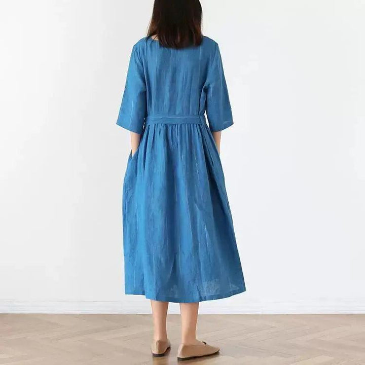Linen dresses Stand-Up Collar Dress with Half Sleeves-Women's dress-Thebesttailor-Thebesttailor