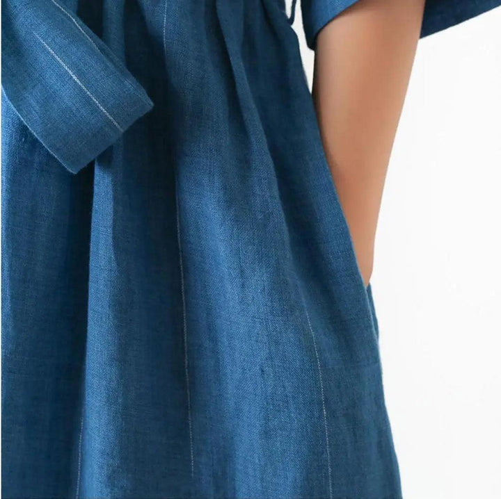 Linen dresses Stand-Up Collar Dress with Half Sleeves-Women's dress-Thebesttailor-Thebesttailor