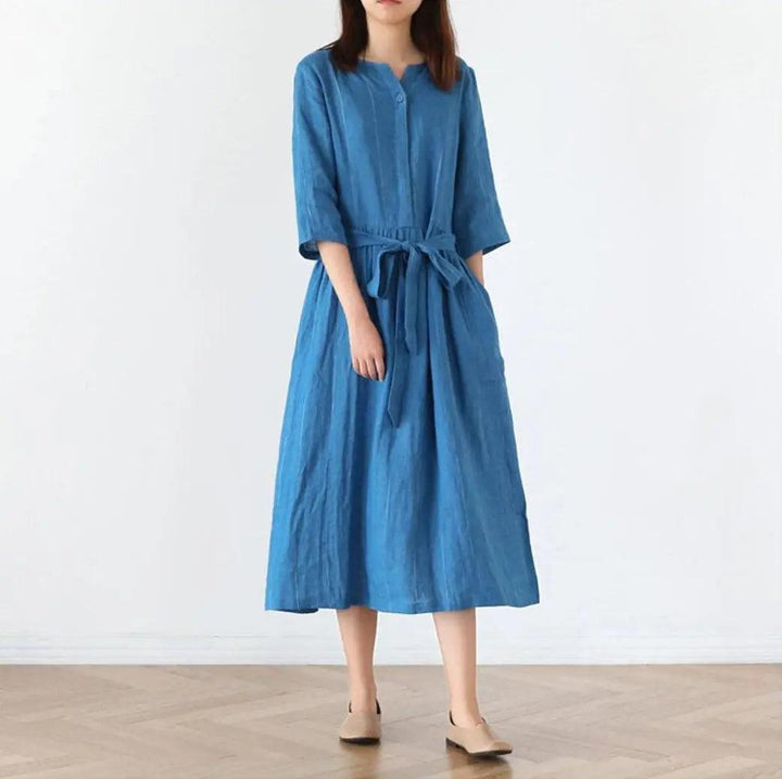 Linen dresses Stand-Up Collar Dress with Half Sleeves-Women's dress-Thebesttailor-One size-Blue-Linen-Thebesttailor