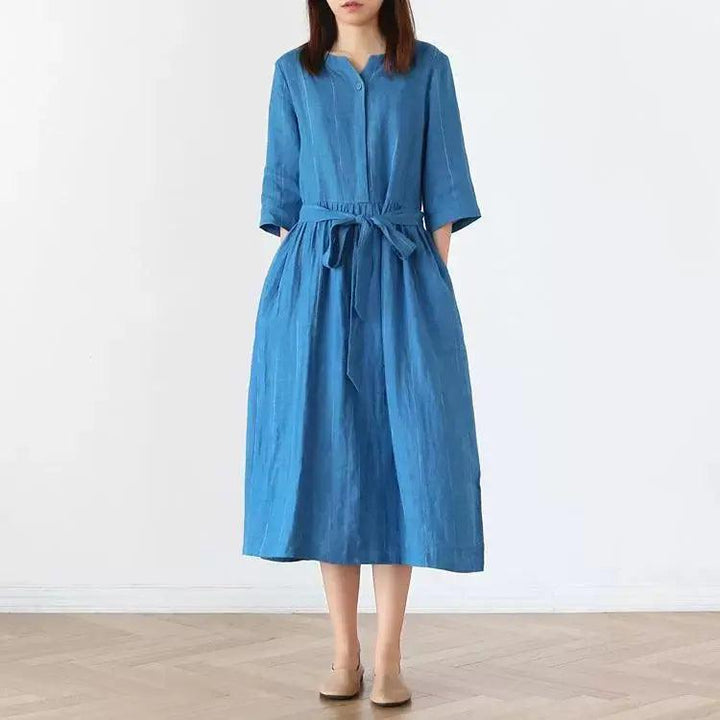 Linen dresses Stand-Up Collar Dress with Half Sleeves-Women's dress-Thebesttailor-Thebesttailor