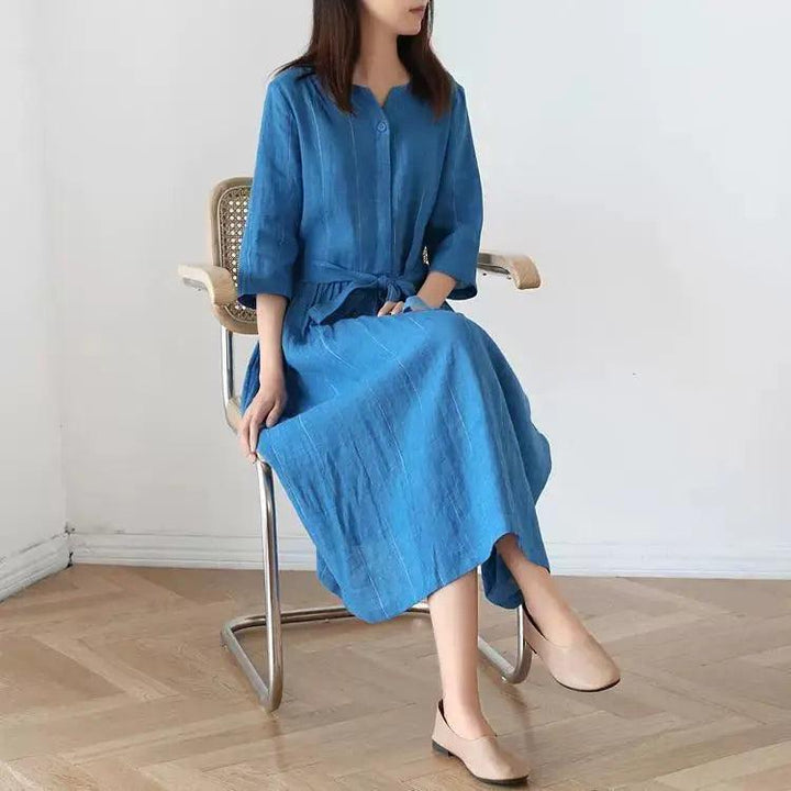 Linen dresses Stand-Up Collar Dress with Half Sleeves-Women's dress-Thebesttailor-Thebesttailor