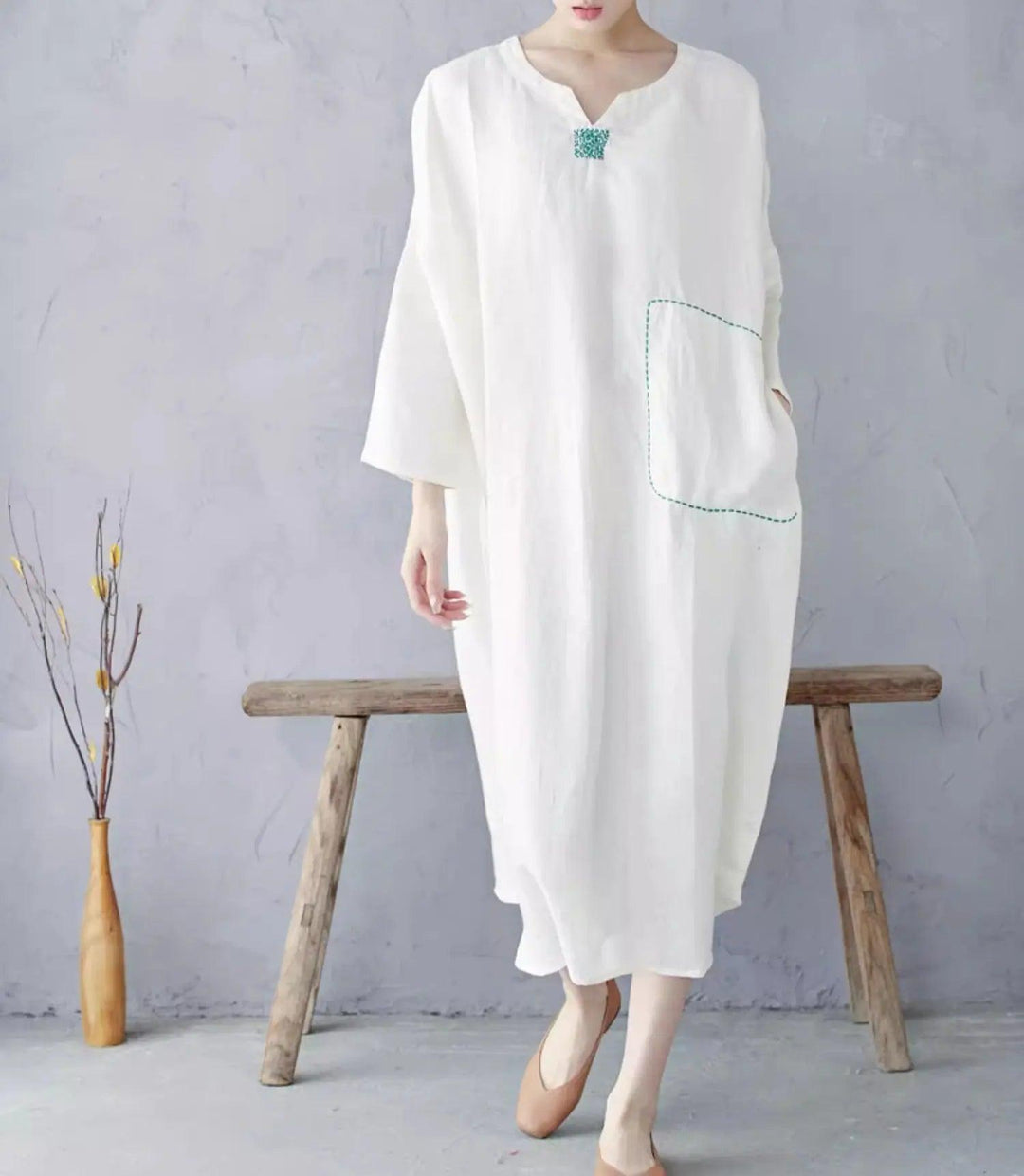 White Linen Pullover Dress with Long Sleeves Dress-Women's dress-Thebesttailor-Thebesttailor