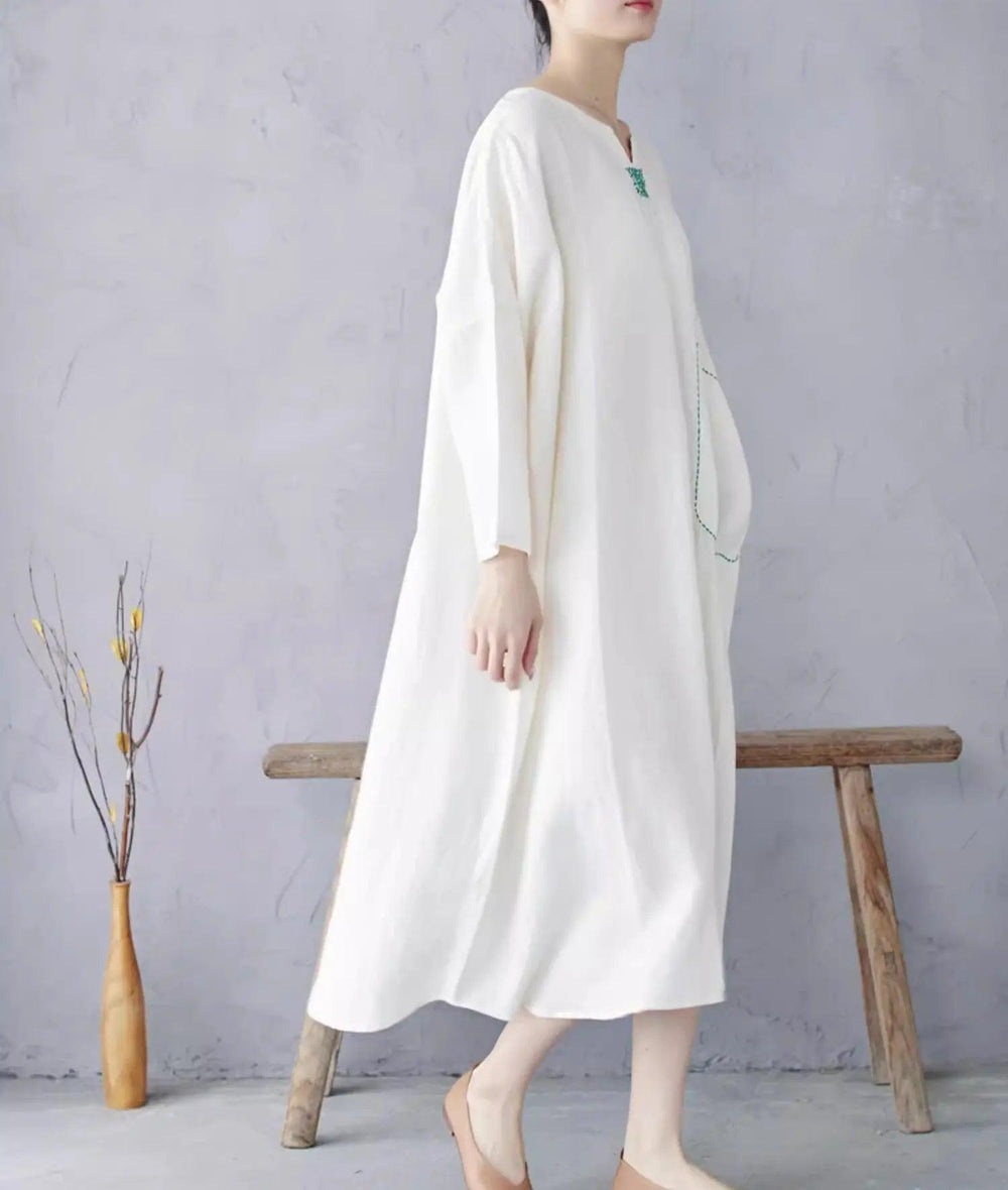 White Linen Pullover Dress with Long Sleeves Dress by Thebesttailor