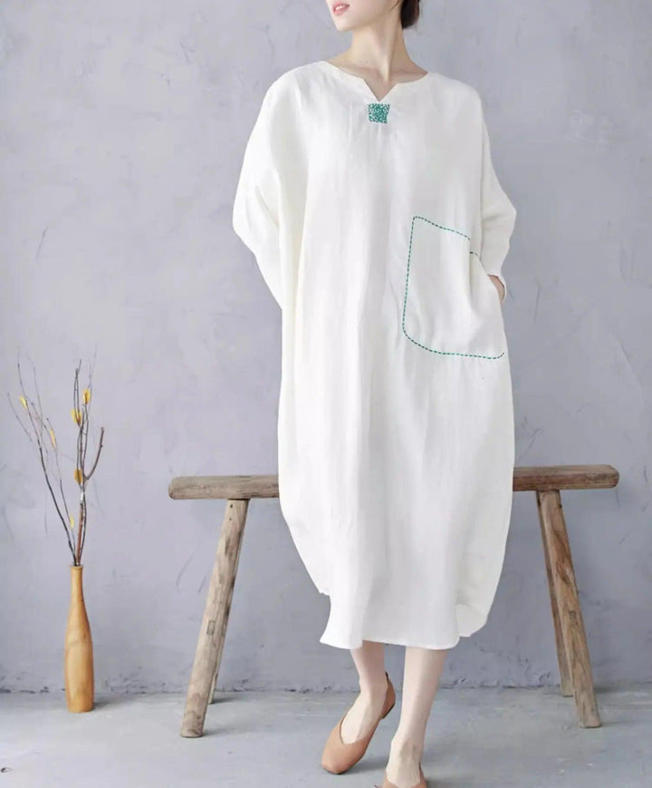 White Linen Pullover Dress with Long Sleeves Dress-Women's dress-Thebesttailor-Thebesttailor