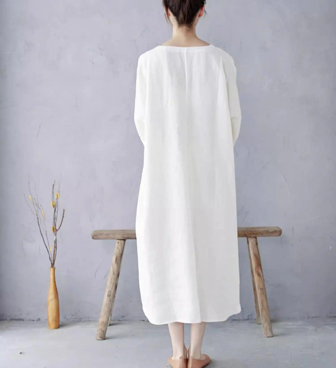 White Linen Pullover Dress with Long Sleeves Dress-Women's dress-Thebesttailor-Thebesttailor